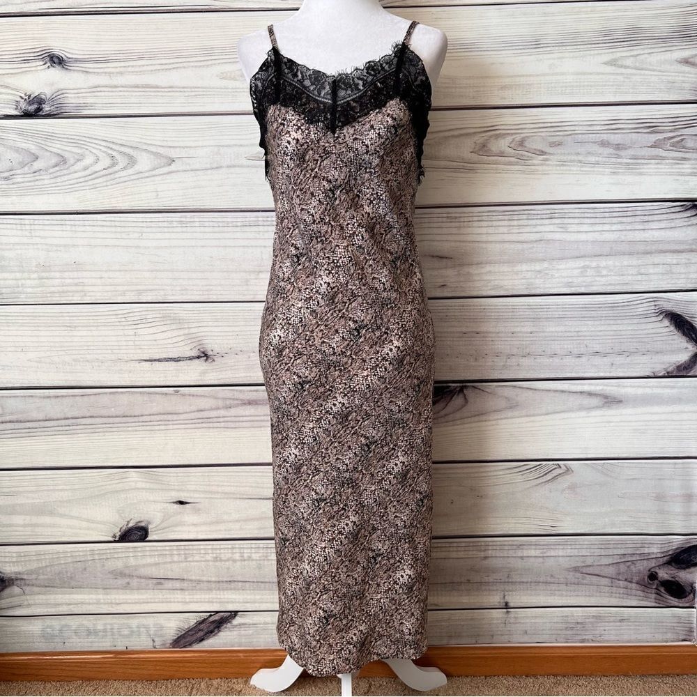 Vylette Black & Tan Snake Print & Lace Midi Slip Dress